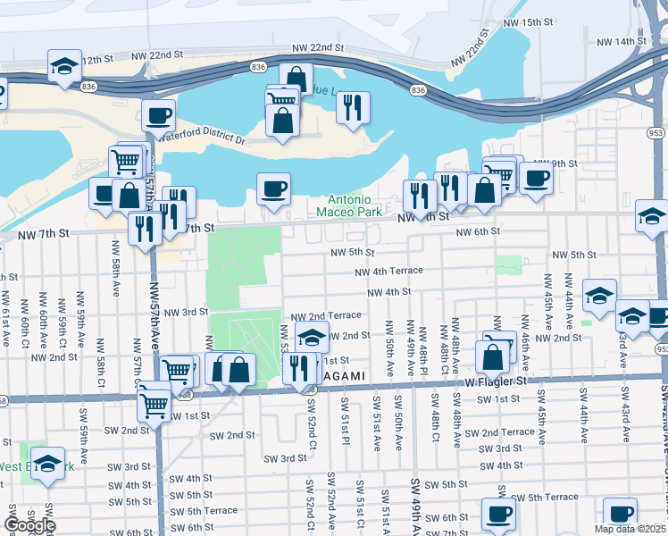 map of restaurants, bars, coffee shops, grocery stores, and more near 450 Northwest 52nd Avenue in Miami