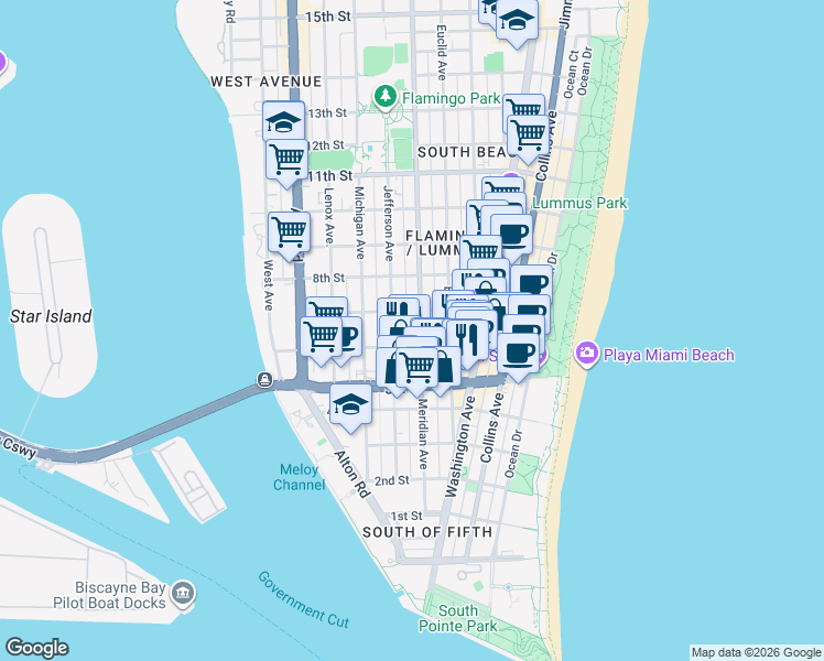 map of restaurants, bars, coffee shops, grocery stores, and more near 741 6th Street in Miami Beach