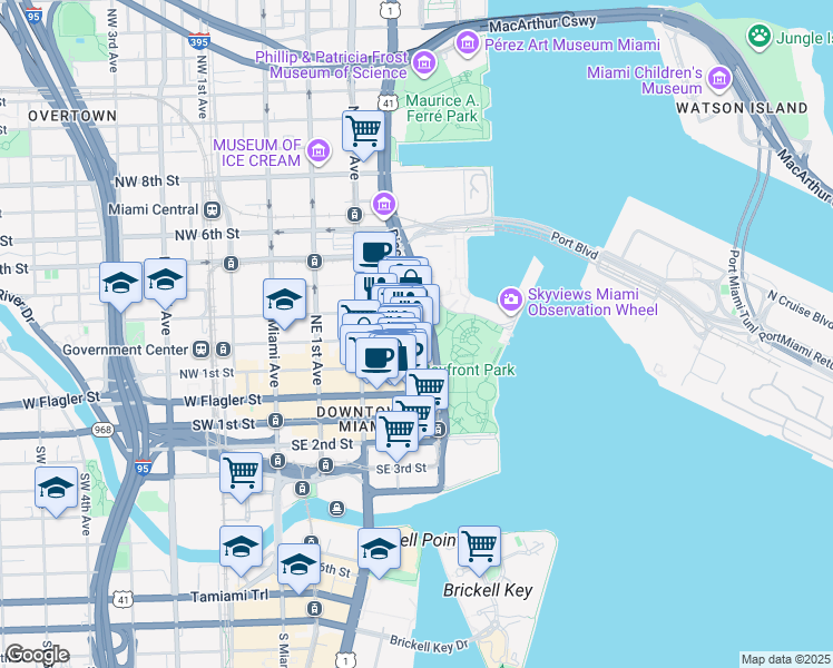 map of restaurants, bars, coffee shops, grocery stores, and more near 137 Northeast 3rd Avenue in Miami