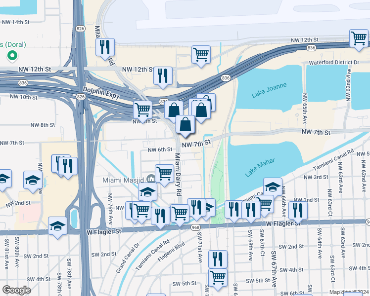 map of restaurants, bars, coffee shops, grocery stores, and more near 555 Northwest 72nd Avenue in Miami