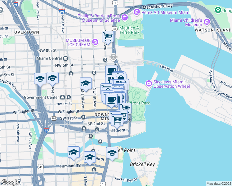 map of restaurants, bars, coffee shops, grocery stores, and more near 137 Northeast 3rd Avenue in Miami