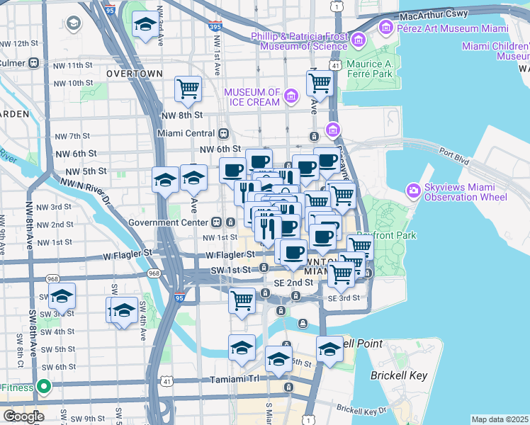 map of restaurants, bars, coffee shops, grocery stores, and more near 36 Northeast 2nd Street in Miami