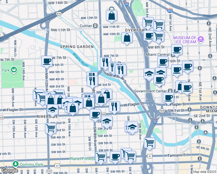 map of restaurants, bars, coffee shops, grocery stores, and more near 619 Northwest 2nd Street in Miami
