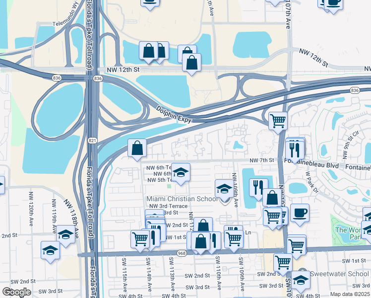 map of restaurants, bars, coffee shops, grocery stores, and more near 11221 Northwest 7th Street in Miami