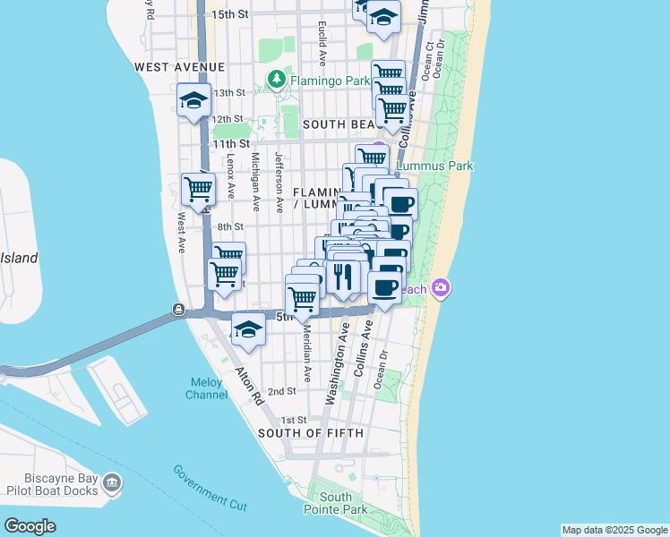 map of restaurants, bars, coffee shops, grocery stores, and more near in Miami Beach