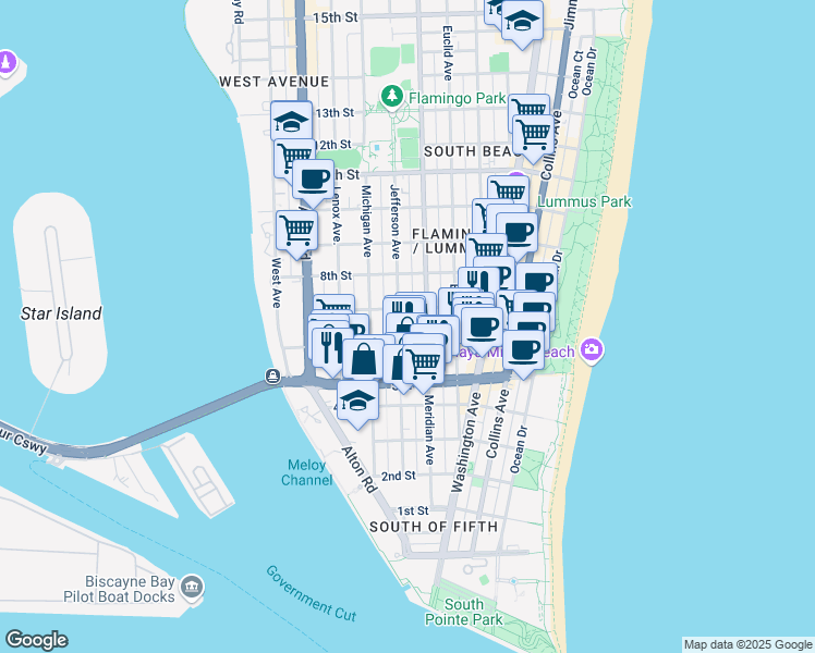 map of restaurants, bars, coffee shops, grocery stores, and more near 610 Jefferson Avenue in Miami Beach