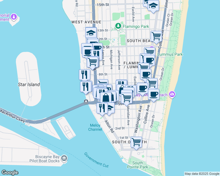 map of restaurants, bars, coffee shops, grocery stores, and more near 1035 6th Street in Miami Beach