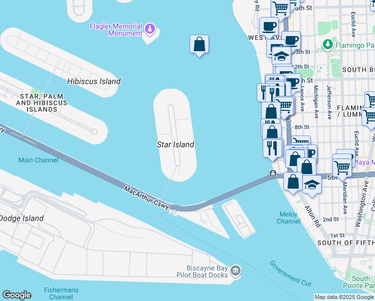 map of restaurants, bars, coffee shops, grocery stores, and more near 39 East Star Island Drive in Miami Beach