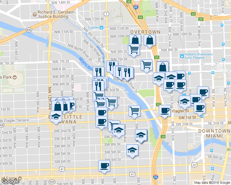 map of restaurants, bars, coffee shops, grocery stores, and more near 619 Northwest 2nd Street in Miami