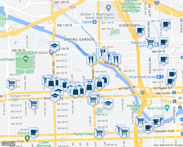 map of restaurants, bars, coffee shops, grocery stores, and more near 212 Northwest 8th Avenue in Miami