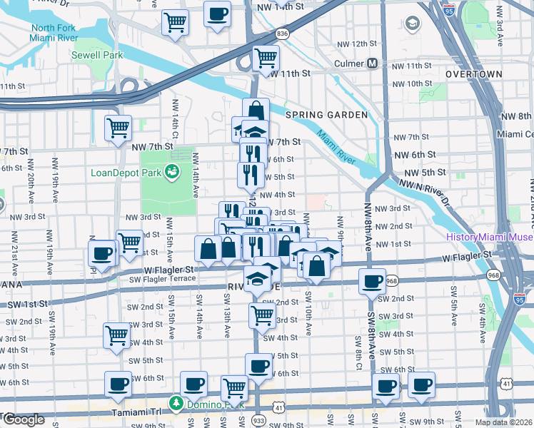 map of restaurants, bars, coffee shops, grocery stores, and more near 1152 Northwest 3rd Street in Miami