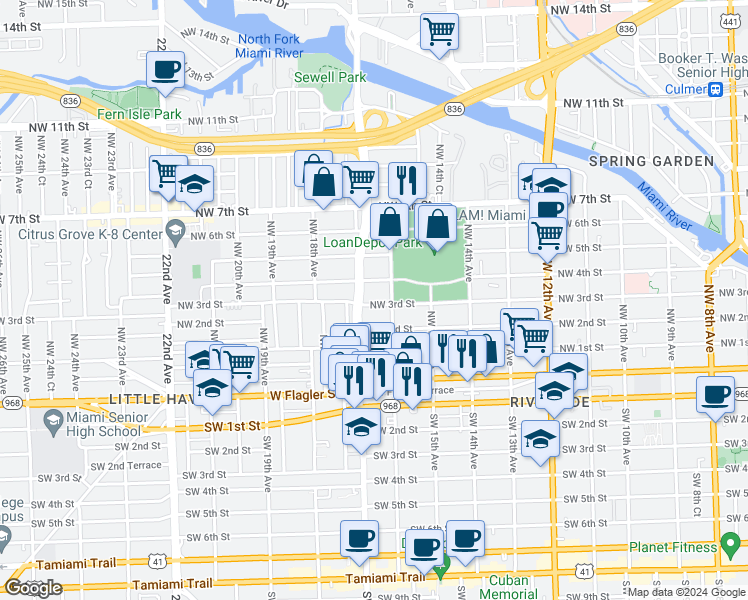 map of restaurants, bars, coffee shops, grocery stores, and more near 232 Northwest 16th Avenue in Miami