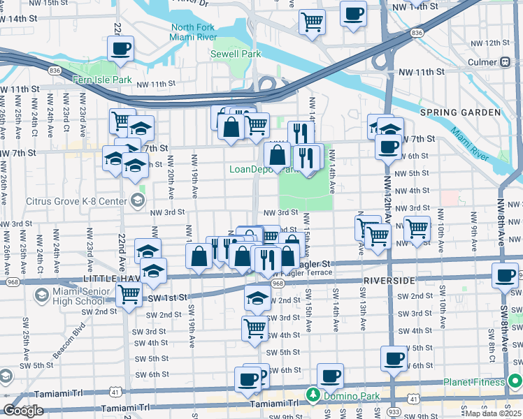 map of restaurants, bars, coffee shops, grocery stores, and more near 236 Northwest 17th Court in Miami