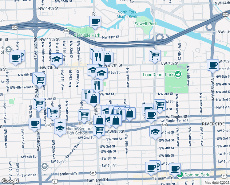map of restaurants, bars, coffee shops, grocery stores, and more near 2044 Northwest 3rd Street in Miami