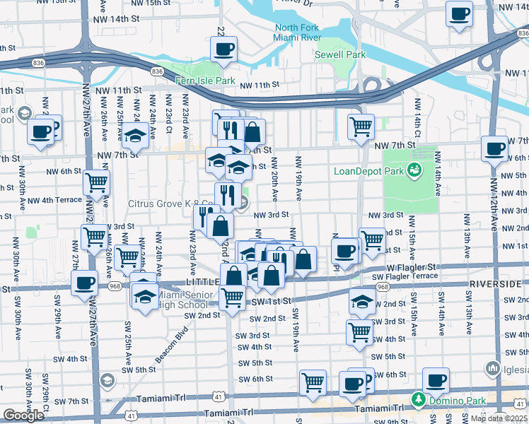 map of restaurants, bars, coffee shops, grocery stores, and more near 2044 Northwest 3rd Street in Miami