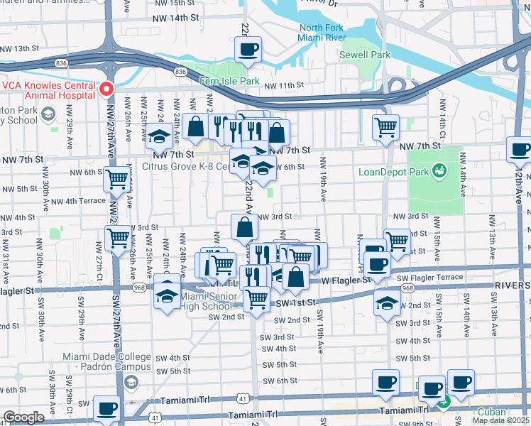 map of restaurants, bars, coffee shops, grocery stores, and more near 2172 Northwest 3rd Street in Miami