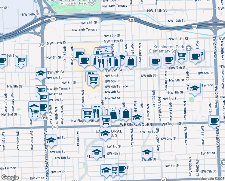 map of restaurants, bars, coffee shops, grocery stores, and more near 3650 Northwest 4th Street in Miami