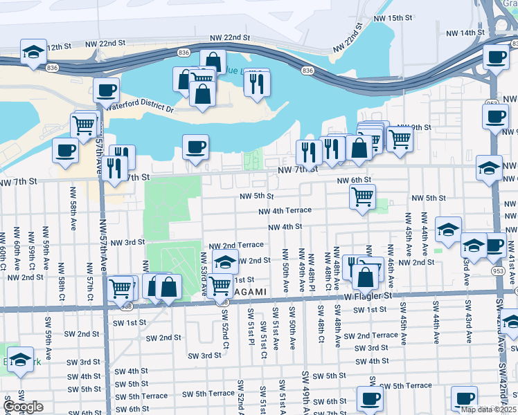 map of restaurants, bars, coffee shops, grocery stores, and more near 5122 Northwest 4th Terrace in Miami