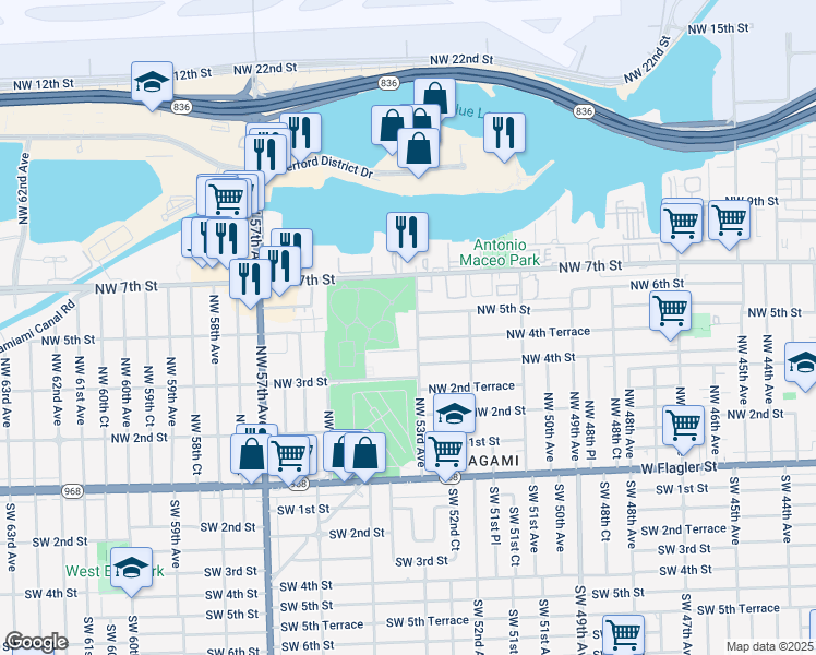 map of restaurants, bars, coffee shops, grocery stores, and more near 5321 Northwest 4th Street in Miami