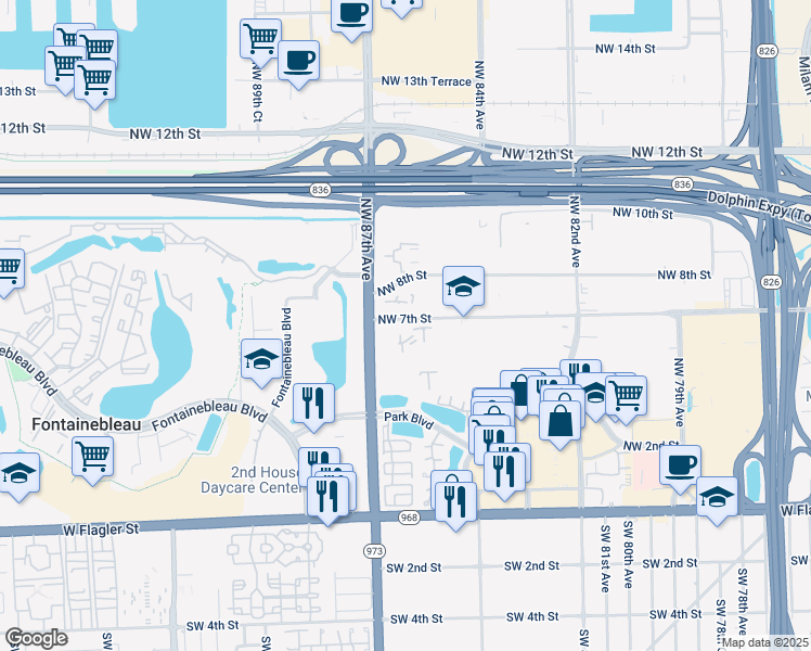 map of restaurants, bars, coffee shops, grocery stores, and more near 650 Northwest 86th Place in Miami
