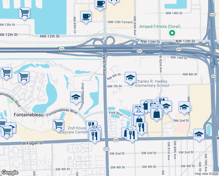 map of restaurants, bars, coffee shops, grocery stores, and more near 650 Northwest 86th Place in Miami