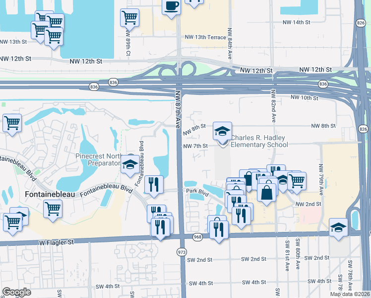 map of restaurants, bars, coffee shops, grocery stores, and more near 650 Northwest 86th Place in Miami