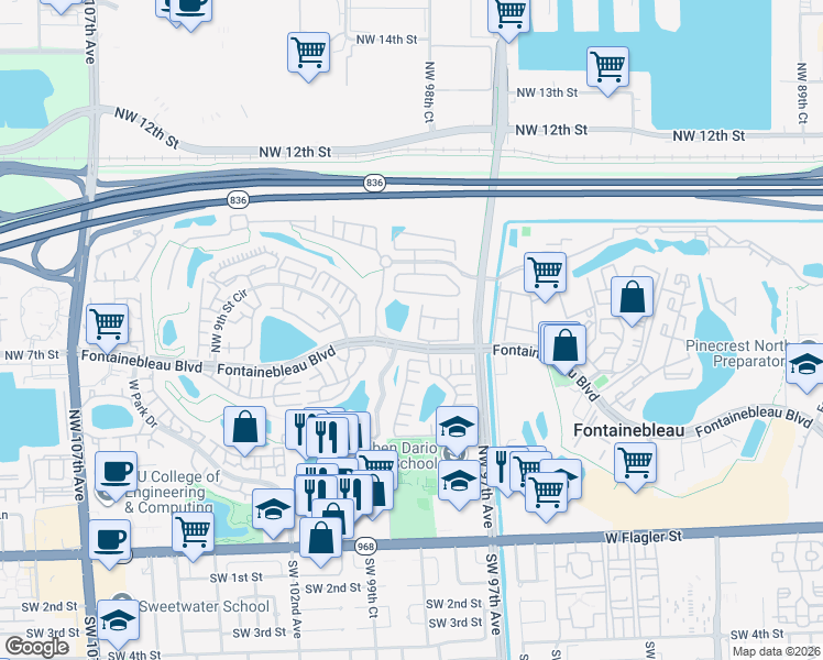map of restaurants, bars, coffee shops, grocery stores, and more near 9741 Fontainebleau Boulevard in Miami