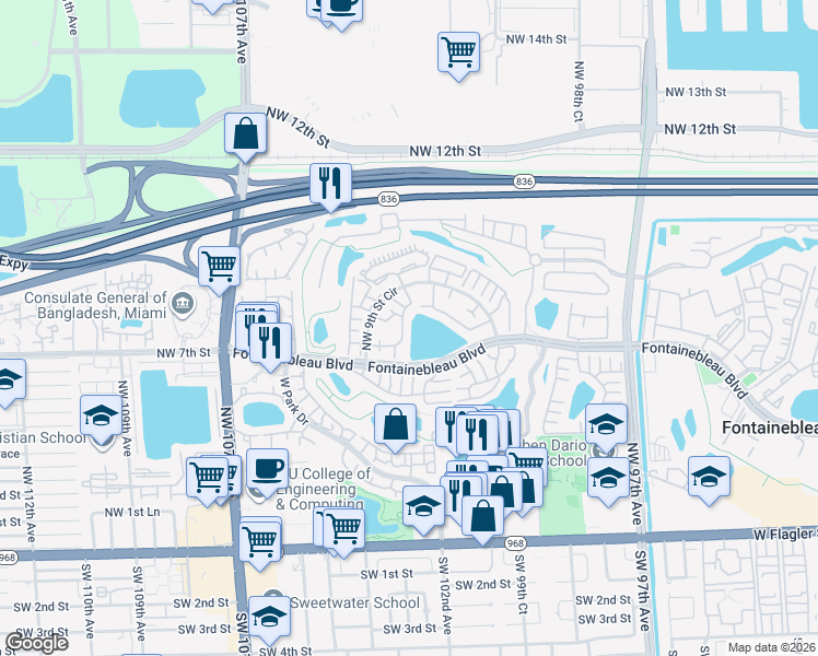 map of restaurants, bars, coffee shops, grocery stores, and more near 10211 Fontainebleau Boulevard in Miami