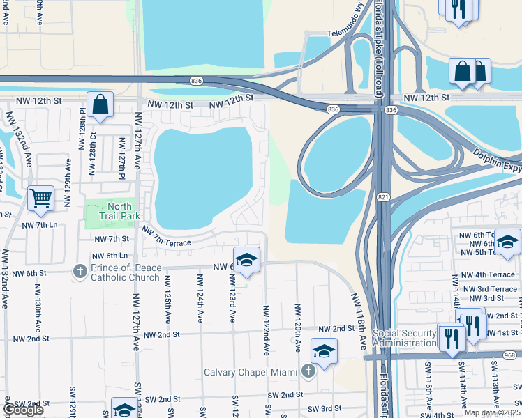 map of restaurants, bars, coffee shops, grocery stores, and more near 749 Northwest 122nd Place in Miami