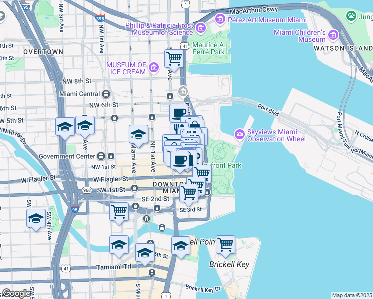 map of restaurants, bars, coffee shops, grocery stores, and more near 137 Northeast 3rd Avenue in Miami