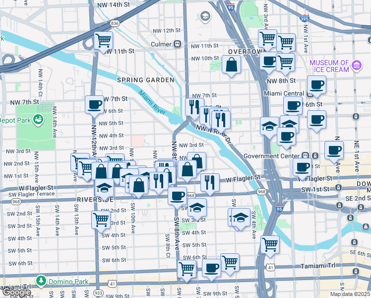 map of restaurants, bars, coffee shops, grocery stores, and more near 212 Northwest 7th Avenue in Miami
