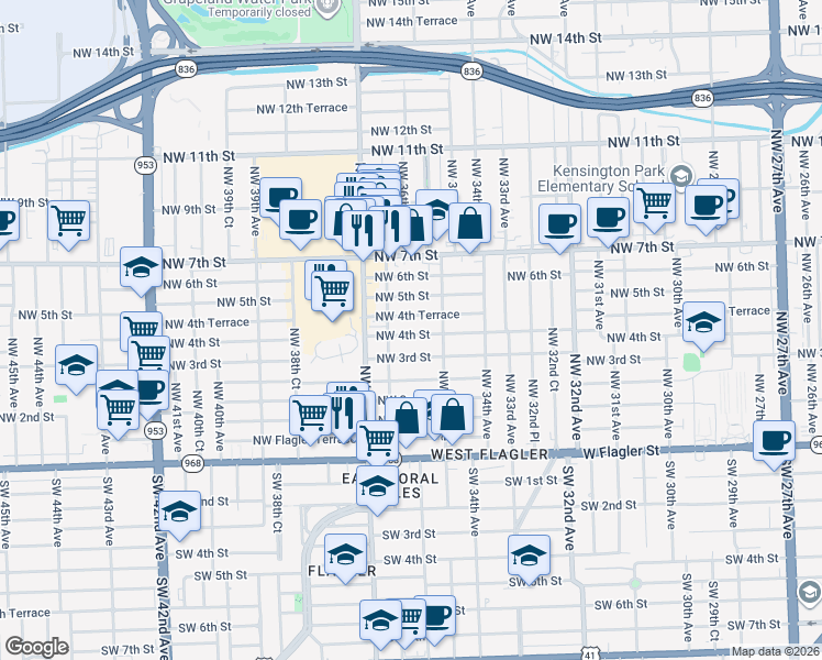 map of restaurants, bars, coffee shops, grocery stores, and more near 3650 Northwest 4th Street in Miami