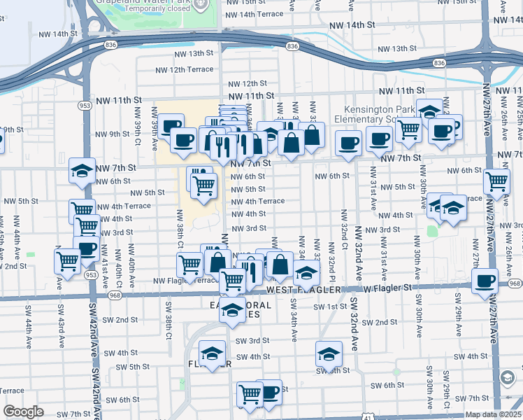 map of restaurants, bars, coffee shops, grocery stores, and more near 3504 Northwest 4th Street in Miami
