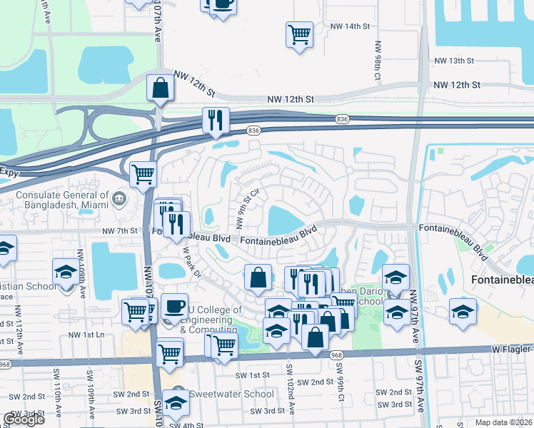 map of restaurants, bars, coffee shops, grocery stores, and more near 10211 Fontainebleau Boulevard in Miami