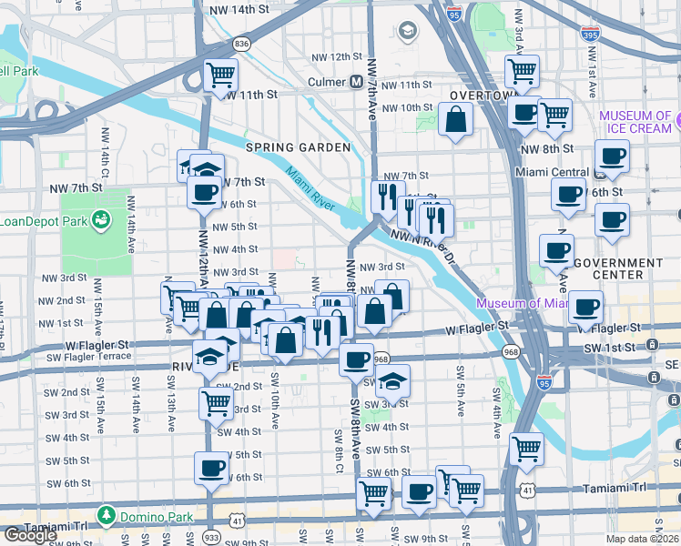 map of restaurants, bars, coffee shops, grocery stores, and more near 212 Northwest 8th Avenue in Miami