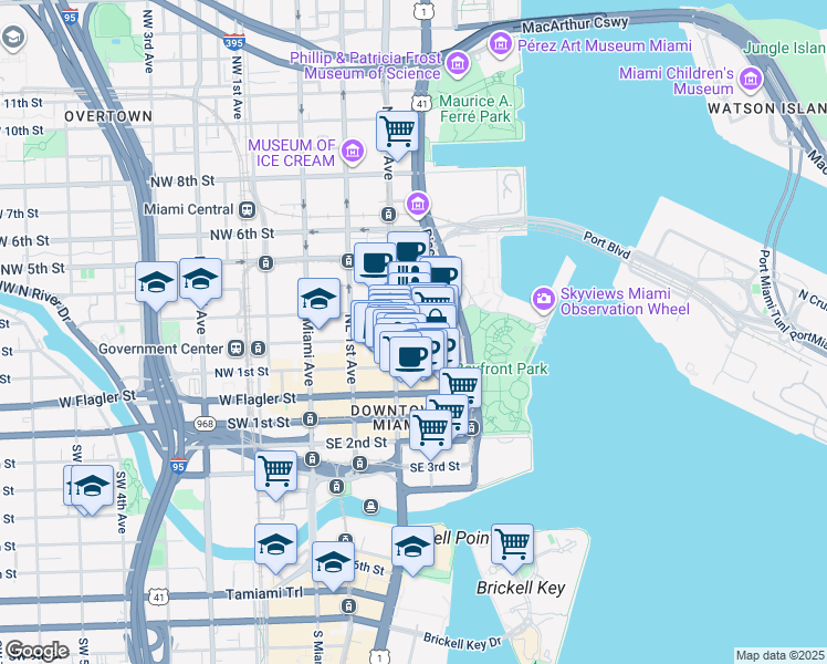 map of restaurants, bars, coffee shops, grocery stores, and more near 204 Northeast 2nd Street in Miami