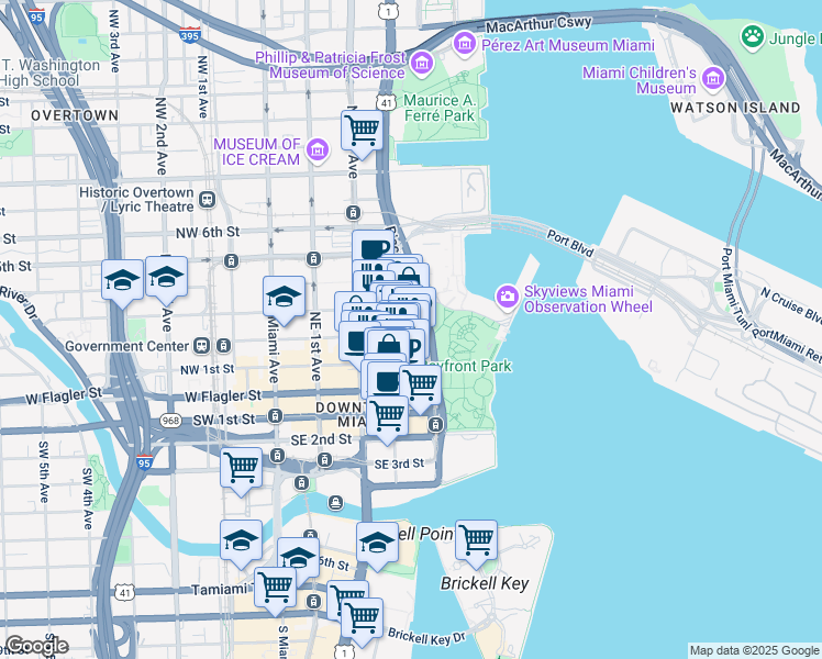 map of restaurants, bars, coffee shops, grocery stores, and more near 200 Biscayne Boulevard in Miami