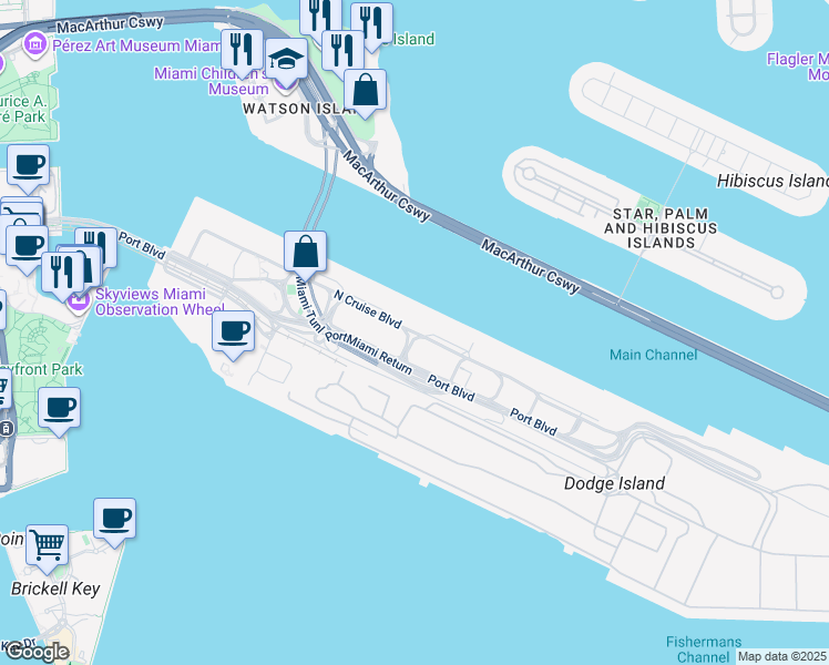 map of restaurants, bars, coffee shops, grocery stores, and more near 1265 North Cruise Boulevard in Miami
