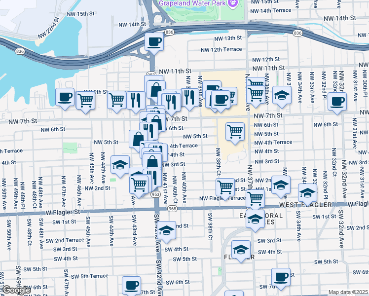 map of restaurants, bars, coffee shops, grocery stores, and more near 401 Northwest 40th Court in Miami