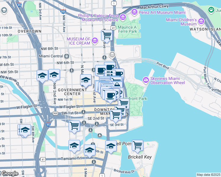 map of restaurants, bars, coffee shops, grocery stores, and more near 204 Northeast 2nd Street in Miami