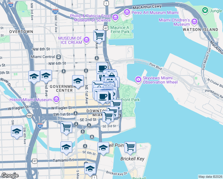 map of restaurants, bars, coffee shops, grocery stores, and more near 137 Northeast 3rd Avenue in Miami