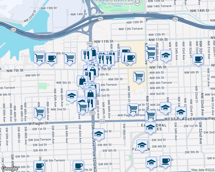 map of restaurants, bars, coffee shops, grocery stores, and more near 401 Northwest 40th Court in Miami