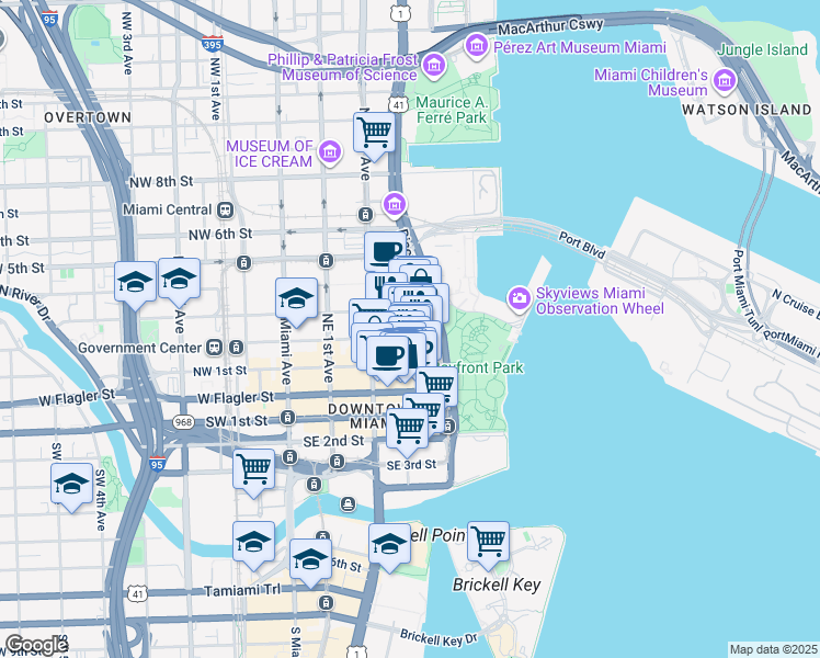 map of restaurants, bars, coffee shops, grocery stores, and more near 137 Northeast 3rd Avenue in Miami