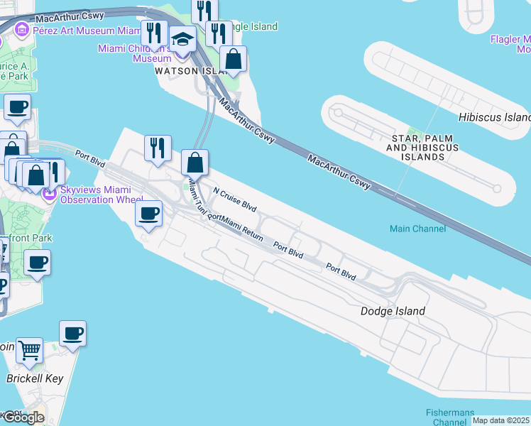 map of restaurants, bars, coffee shops, grocery stores, and more near Atlantic Way in Miami