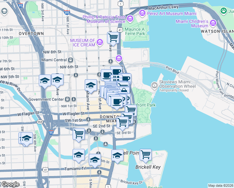 map of restaurants, bars, coffee shops, grocery stores, and more near 204 Northeast 2nd Street in Miami