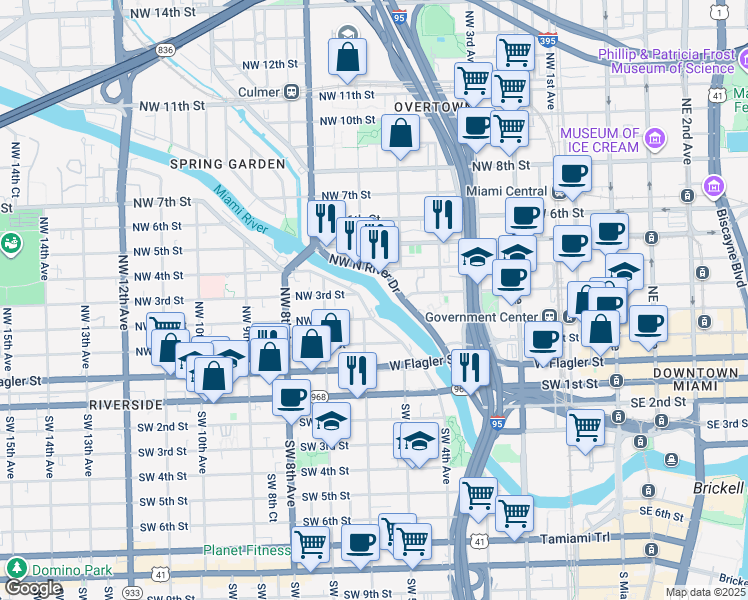 map of restaurants, bars, coffee shops, grocery stores, and more near 169 Northwest South River Drive in Miami