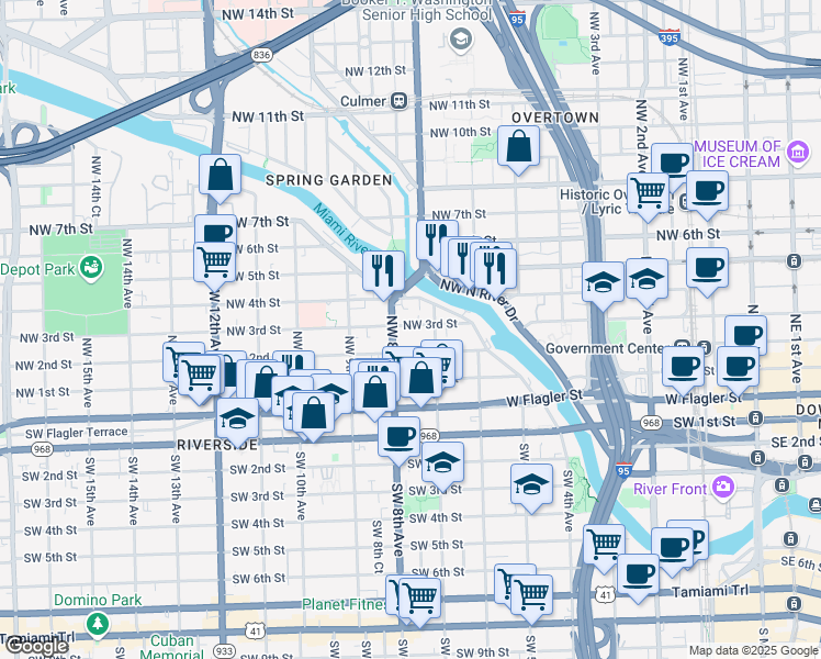 map of restaurants, bars, coffee shops, grocery stores, and more near 212 Northwest 7th Avenue in Miami