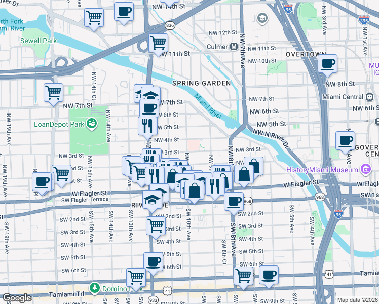 map of restaurants, bars, coffee shops, grocery stores, and more near 219 Northwest 10th Avenue in Miami