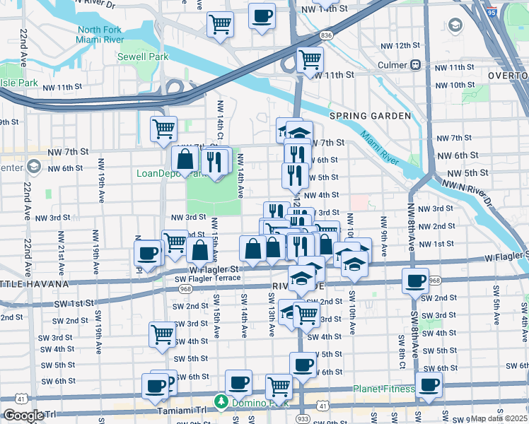 map of restaurants, bars, coffee shops, grocery stores, and more near 1328 Northwest 3rd Street in Miami
