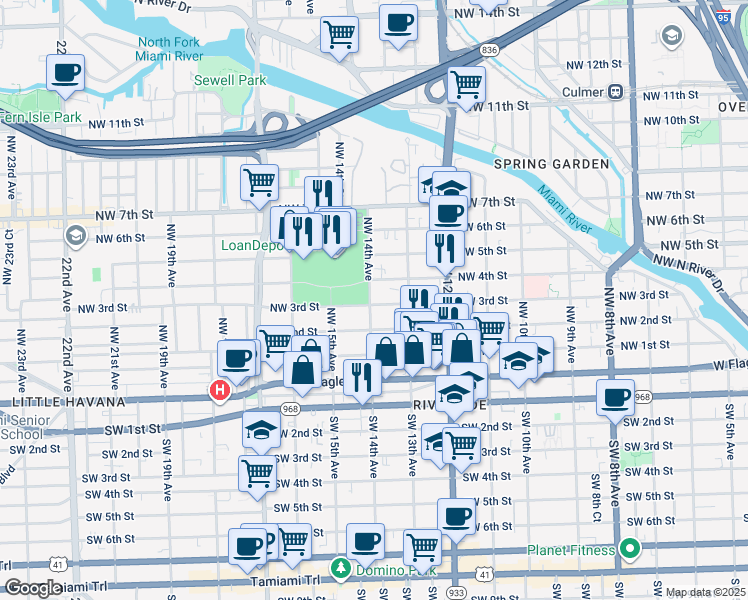 map of restaurants, bars, coffee shops, grocery stores, and more near 1420 Northwest 3rd Street in Miami